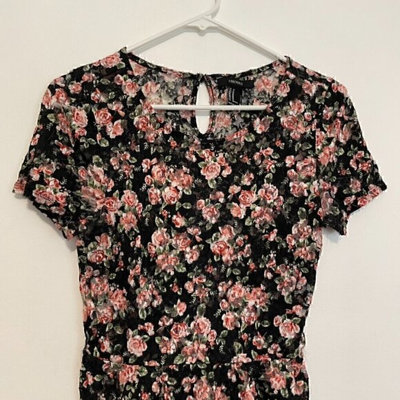 FOREVER 21 Black Pink Multi Floral Lace Twee 2010s Short Sleeve Peplum Blouse M - Picture 4 of 16